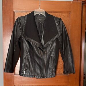 Black Faux Leather Moto Jacket with Knit Panels